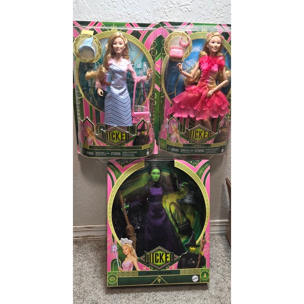 Wicked Doll Lot Deluxe Elphaba, Glinda at Shiz, Glinda Pink Gown ‎ URL Misprint
